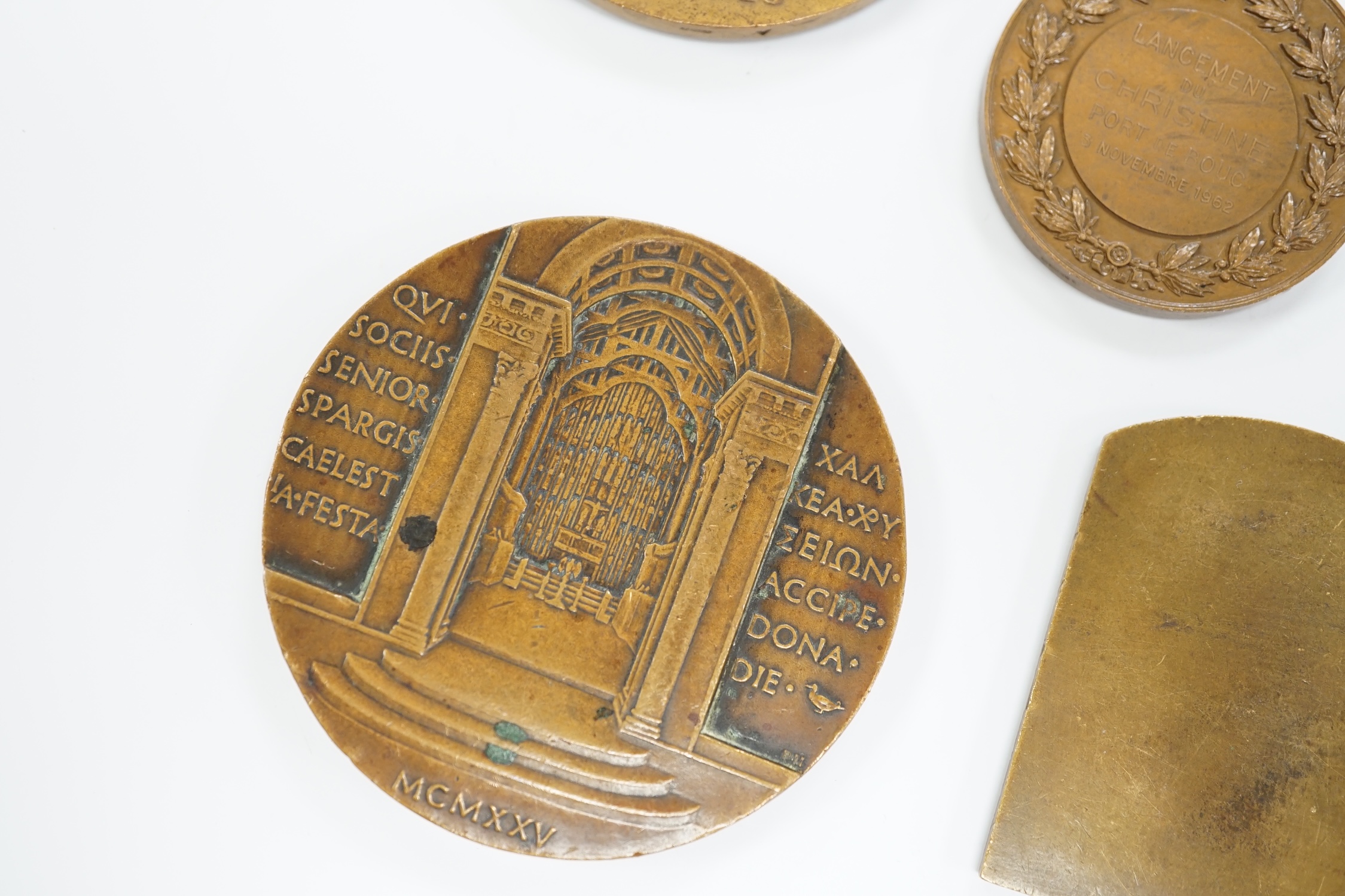 Seven bronze medallions, including awards and commemorative pieces; A.H. Johnson, Henri Cangardel, Albert Thomas, etc., largest 8 cm diameter